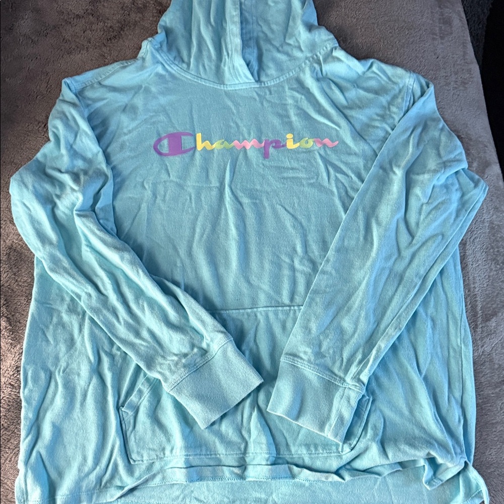 Champion Sky Blue Hoodie with Multicolor Logo